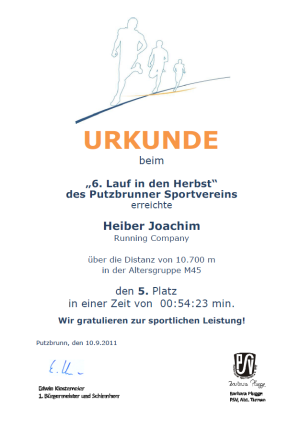 Urkunde Joachim Putzbrunner Volkslauf 2011